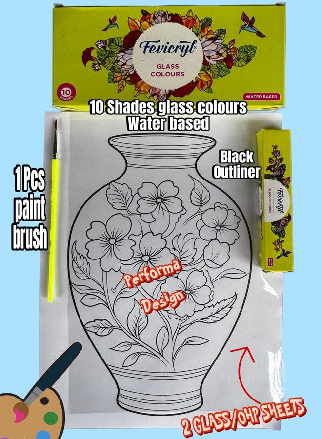MSGH Hobby Ideas - Glass Colours,10 Shades + Outliner with 2pcs Glass/OHP Sheets + 1 Designer Sheet with Paint Brush DIY Kids & Adult Activity Kit, Assorted - Image 2
